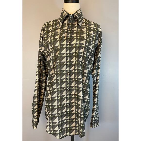 Vtg 70s Geometric Abstract Pointillism Button Front Disco Shirt Dagger Collar LG - Picture 5 of 10
